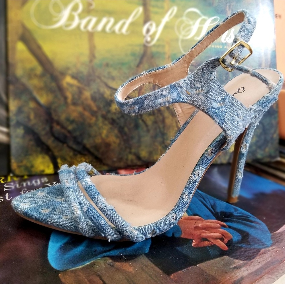 Strappy Distressed Denim Heel